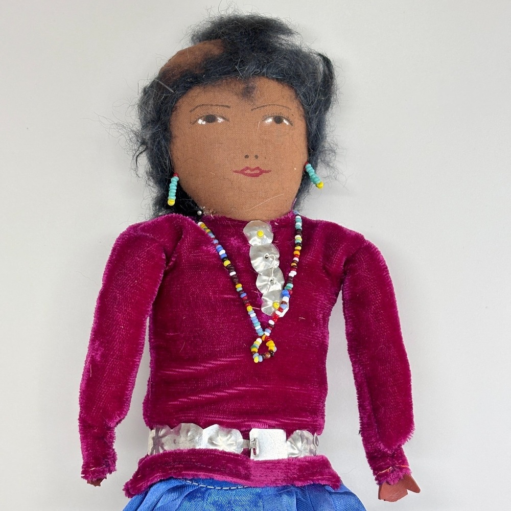 VTG Mid-Century Navajo Native American 13" Handmade Velvet Satin Fabric Doll - Picture 2 of 8